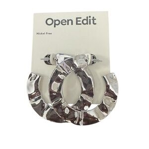 Open Edit Silver Toned Hammered Metal Hoop Earrings